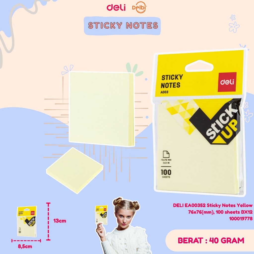 

DELI EA00352 Sticky Notes Yellow 76x76(mm), 100 sheets
