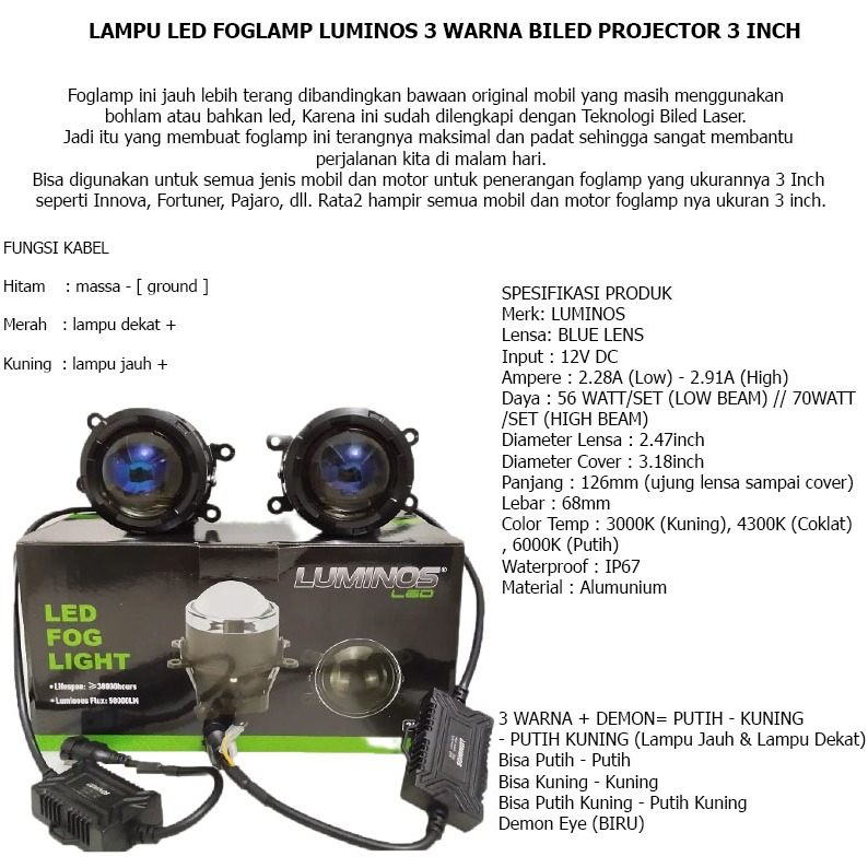 Lampu kabut motor led foglamp luminos 3 warna biled projector 3 inch ORIGINAL laser mobil