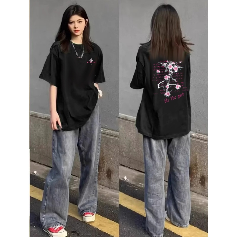 EUNII Kaos Lengan Pendek Wanita Motif Mawar/Kaos Hitam Korea Ukuran Besar/Atasan Berkualitas Tinggi 