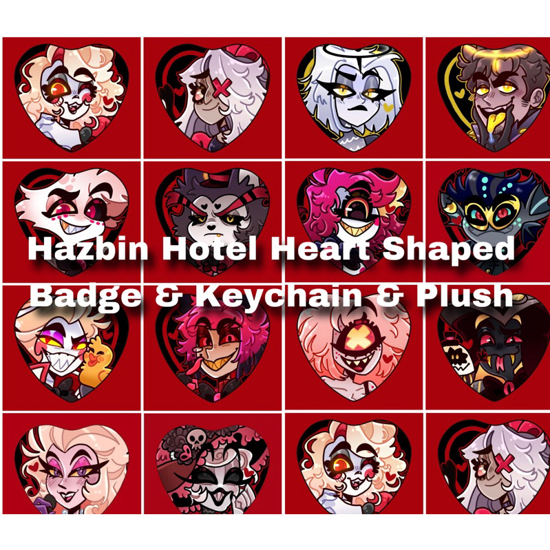 hazbin hotel heart shaped badge pin keychain plushie vox lucifer angeldust cartoon husk merch anime 