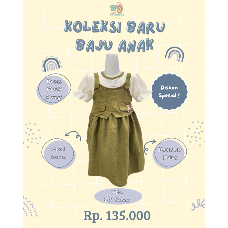 Dress Anak Perempuan Motif Rompi | Versi Korea | Baju Anak 2–5 Tahun | L&N Kidswear