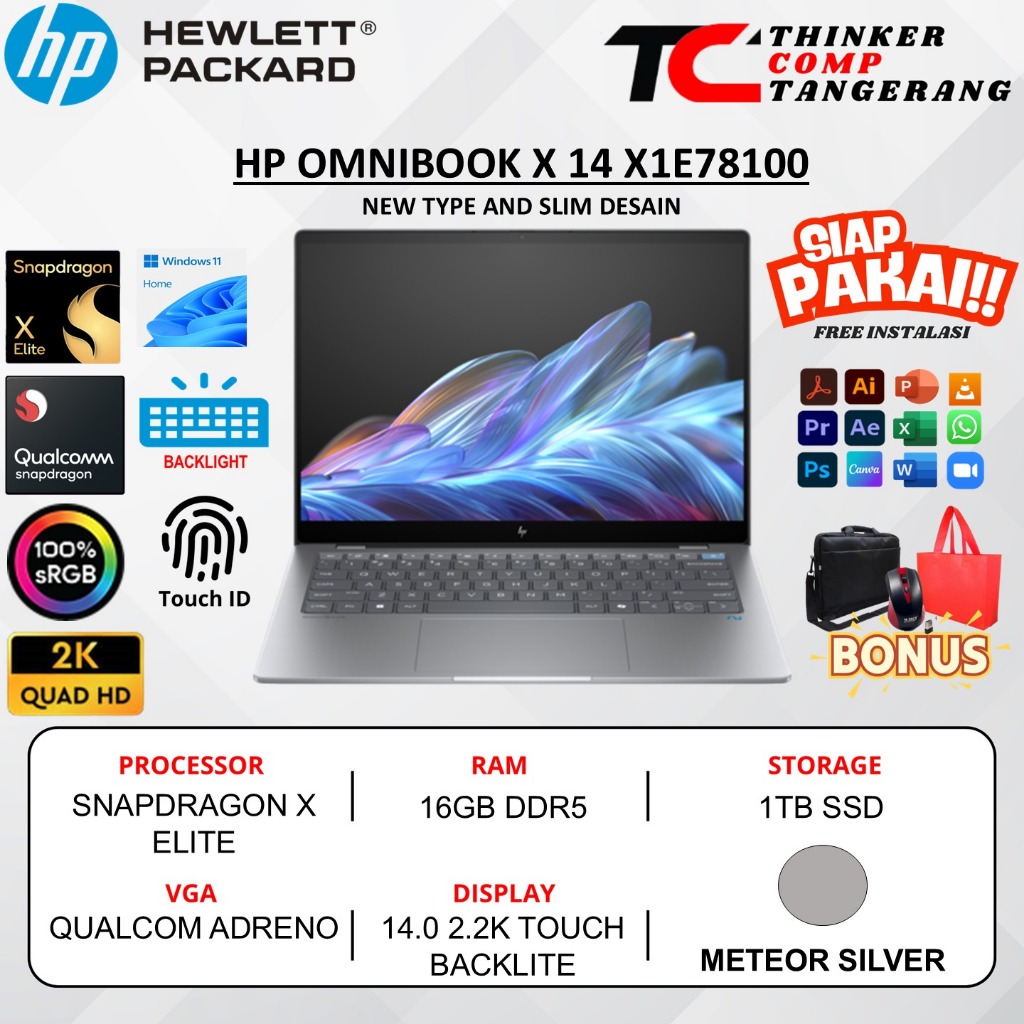 HP OMNIBOOK X14 LAPTOP SNAPDRAGON X ELITE X1E-78-100 16GB 1TB QUALCOMM ADRENO 14" 2.2K IPS WIN 11