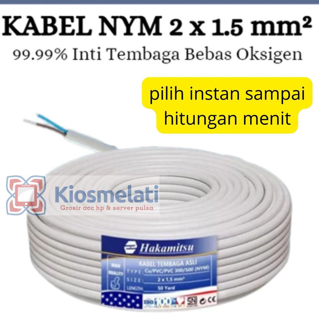Kabel NYM 2 x 1,5mm 50 Yard Full / 2 x 0,75mm Serabut / Kabel Listrik Tembaga Murni PVC SNI Permeter