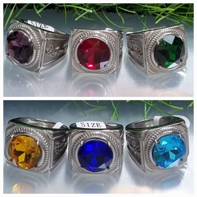 Cincin cowok batu bulat mata topaz ring titanium silver