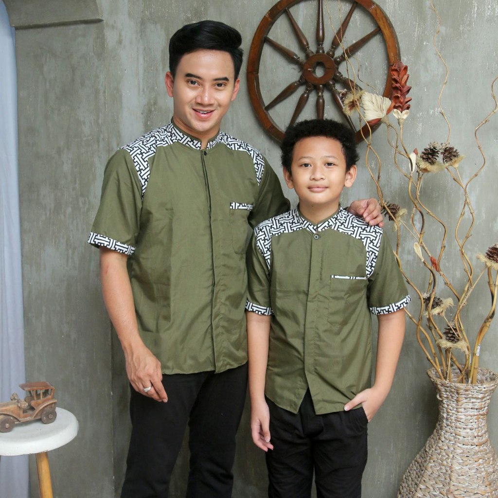 Fawlane - Kemeja Koko Couple Dewasa dan Anak Lengan Pendek Motif Araseo Army