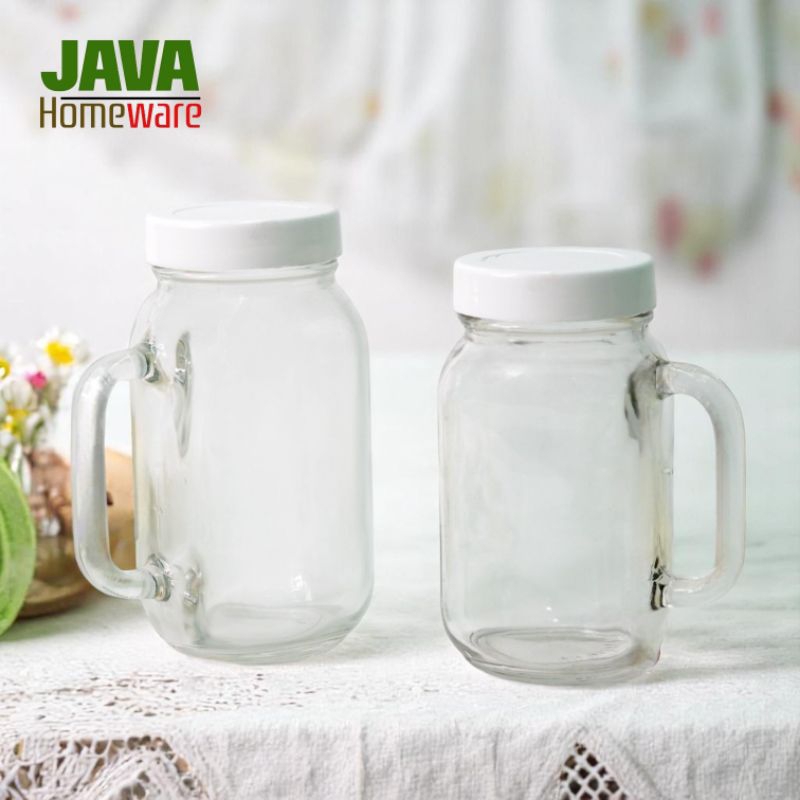 GELAS JAR TUTUP PLASTIK | MUG JAR KACA TUTUP PLASTIK | DRINKING JAR WITH LID | GELAS TOPLES POLOS