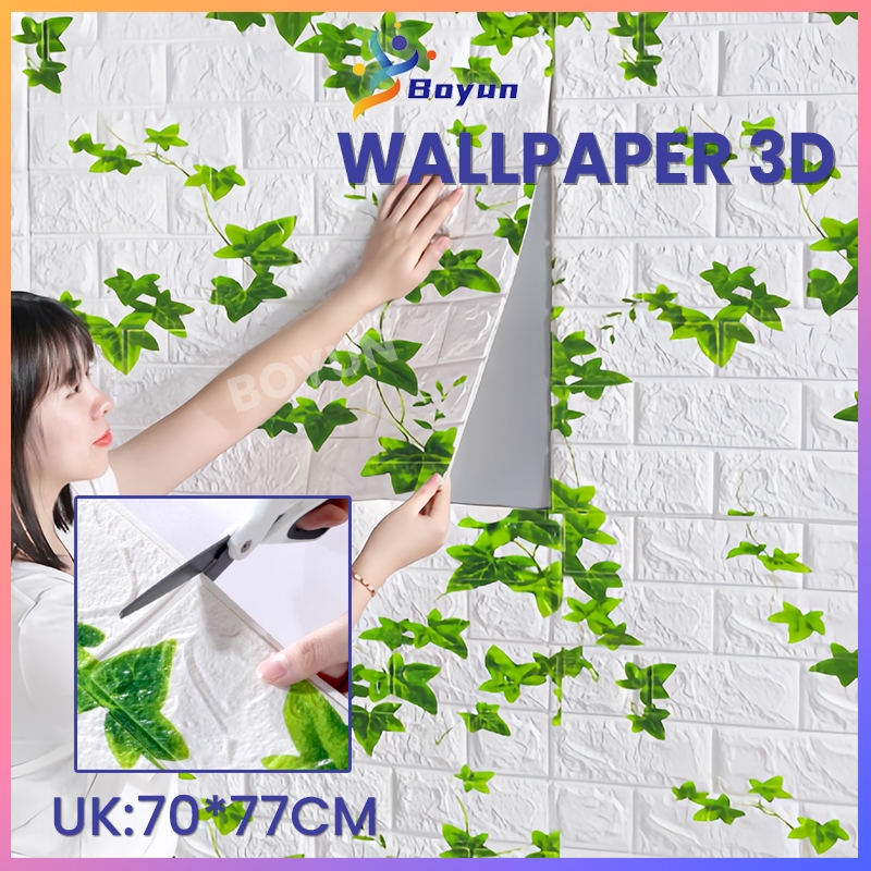 Wallpaper Dinding Foam 3D Motif Awan & Daun Rambat 70x77cm kertas Batu