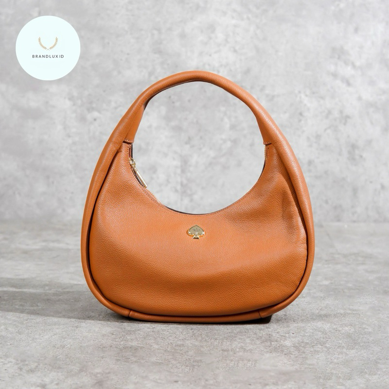 Kate Spade GHW Logo Leather Hobo Bag in Camel