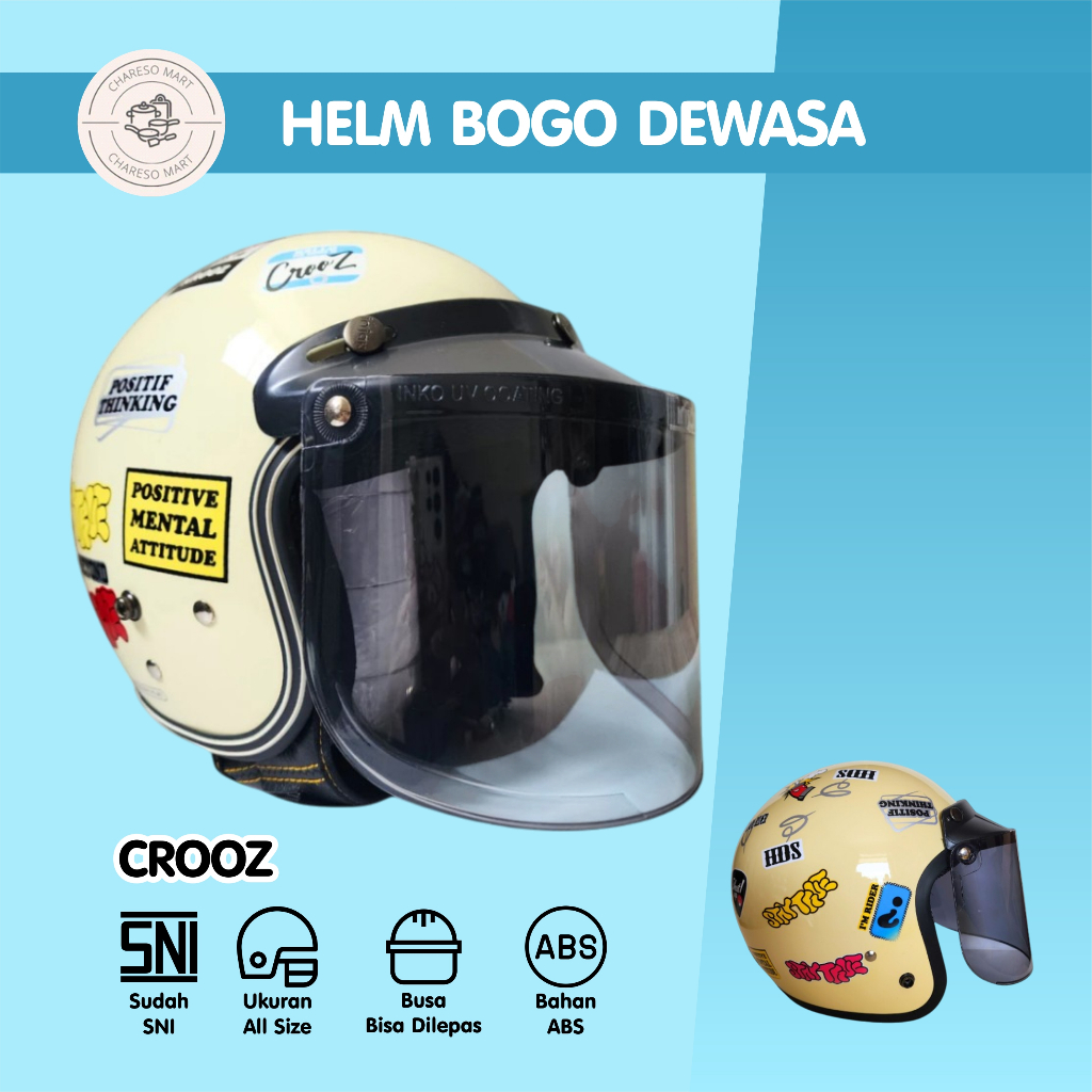 Helm Bogo Dewasa Classic HDS Helmet Half Face Cream Motif Crooz SNI Pria Wanita Hijab