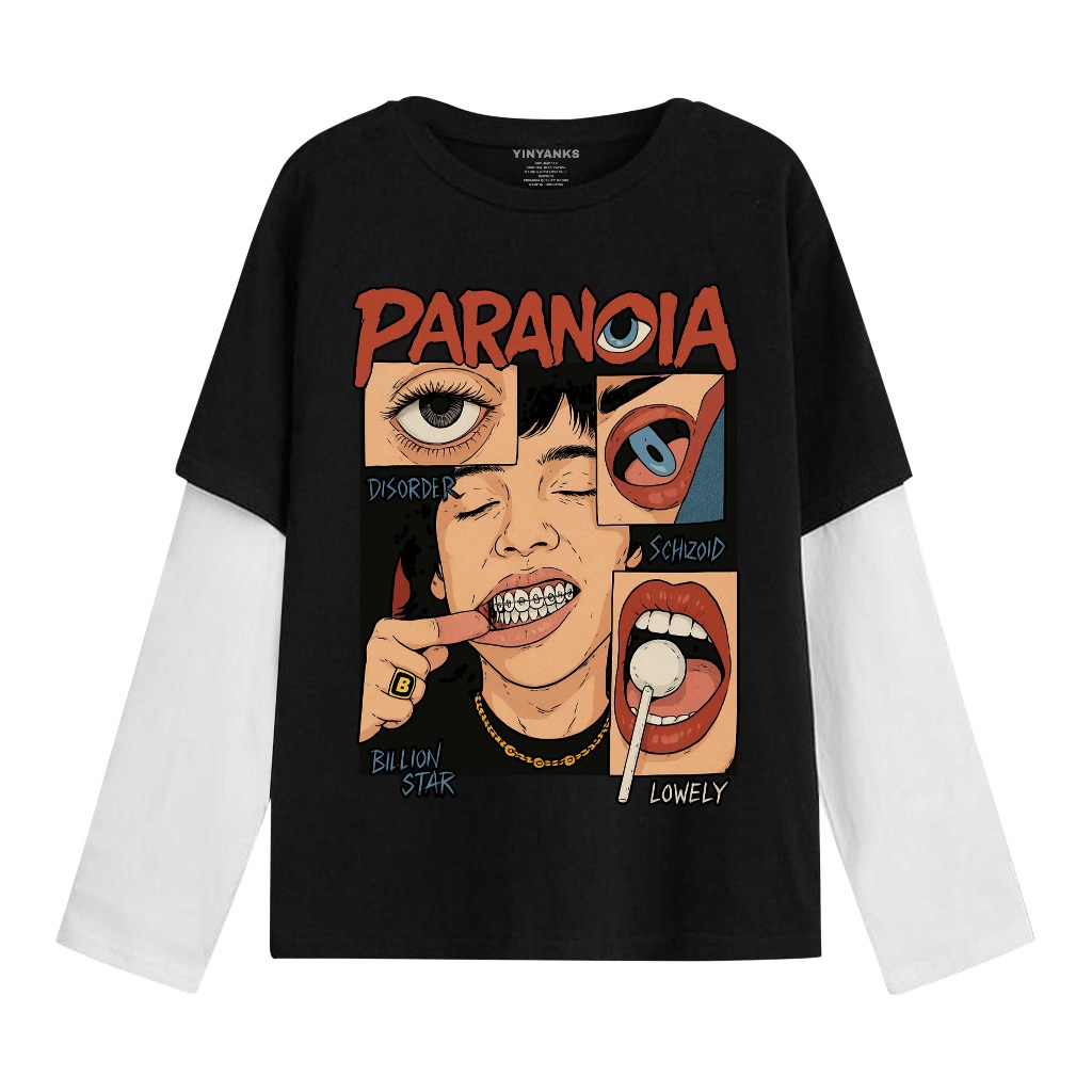 Yinyanks T-shirt Double layer Ynyks Paranoia disorder kaos long sleeve pria wanita unisex