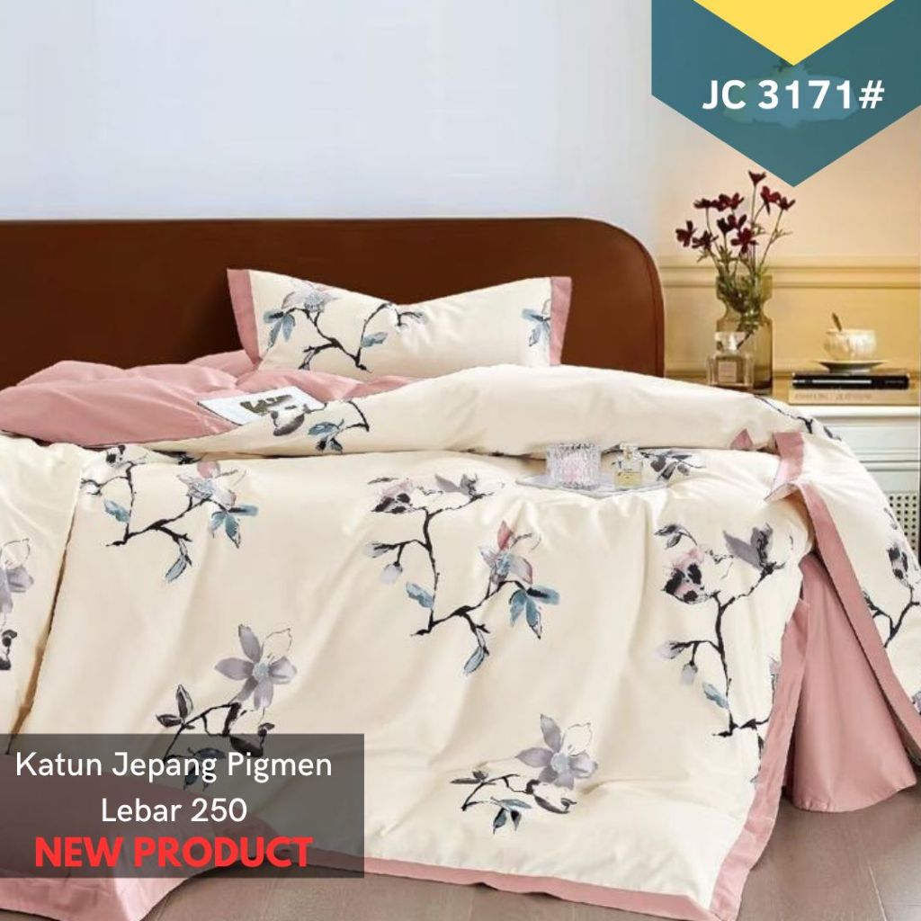Sprei Katun Jepang Pigment Print Motif Bunga Pastel Bunga Korea Pink Floral Flower Queen King Single