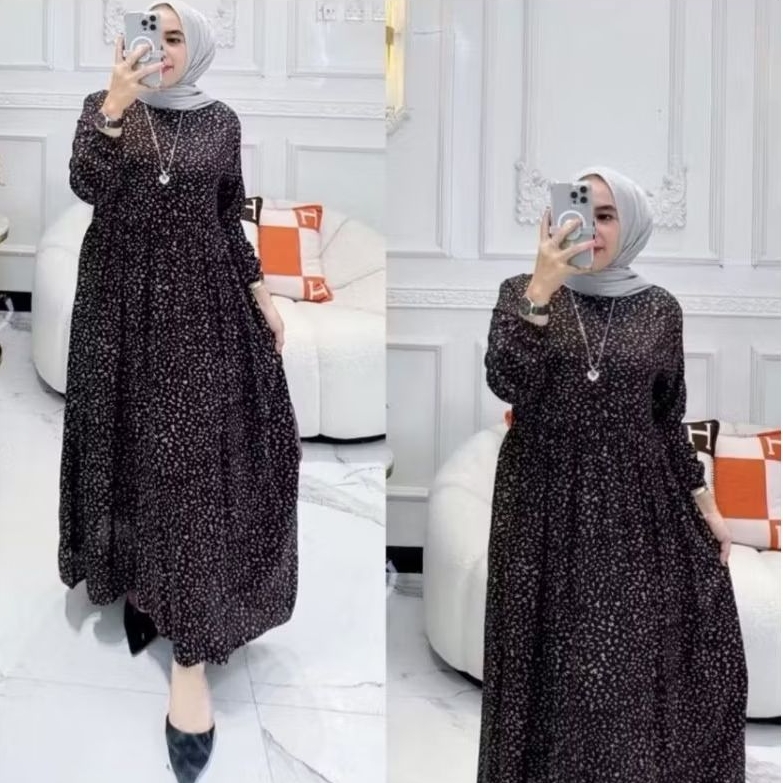 Gamis Midi Dress Rayon Motif Bahan Rayon Viscose Premium - Gamis Busui Rayon Premium - Gamis Rayon V