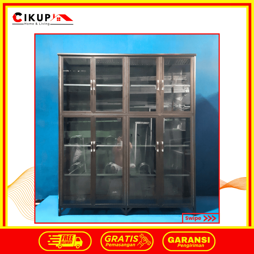LEMARI RAK PIRING 4 PINTU ALUMINIUM KACA RIBEN LPS 809-139 FULL BROWN