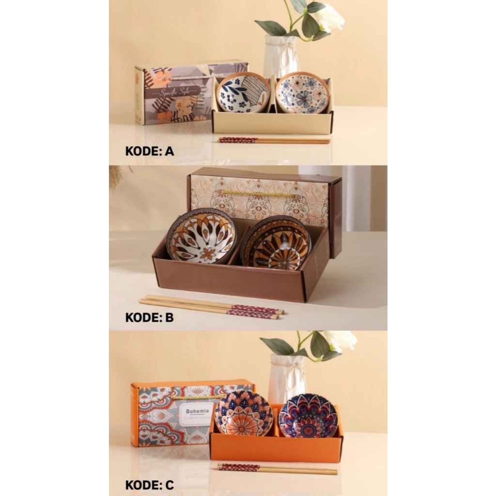 MANGKOK KERAMIK 2PCS + SUMPIT - mangkok set - hampers - kado