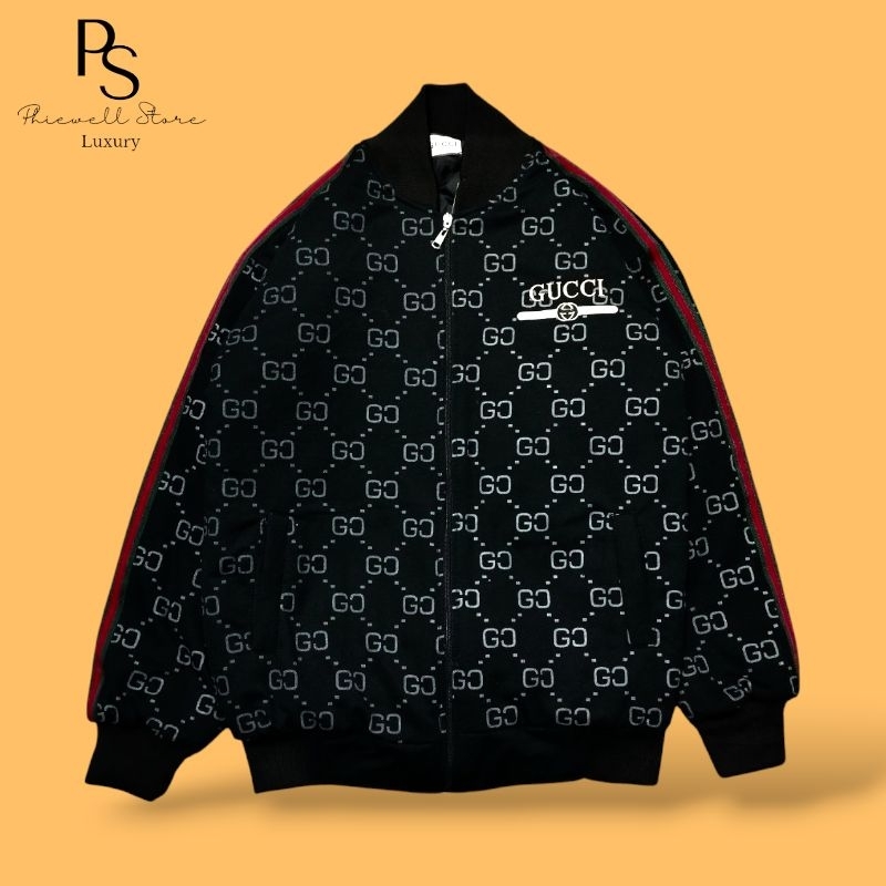 Varsity Jacket Gucci Interlock Pattern Black Gold Patch Bomber Embroidered Bordir Fulltag Premium Hy