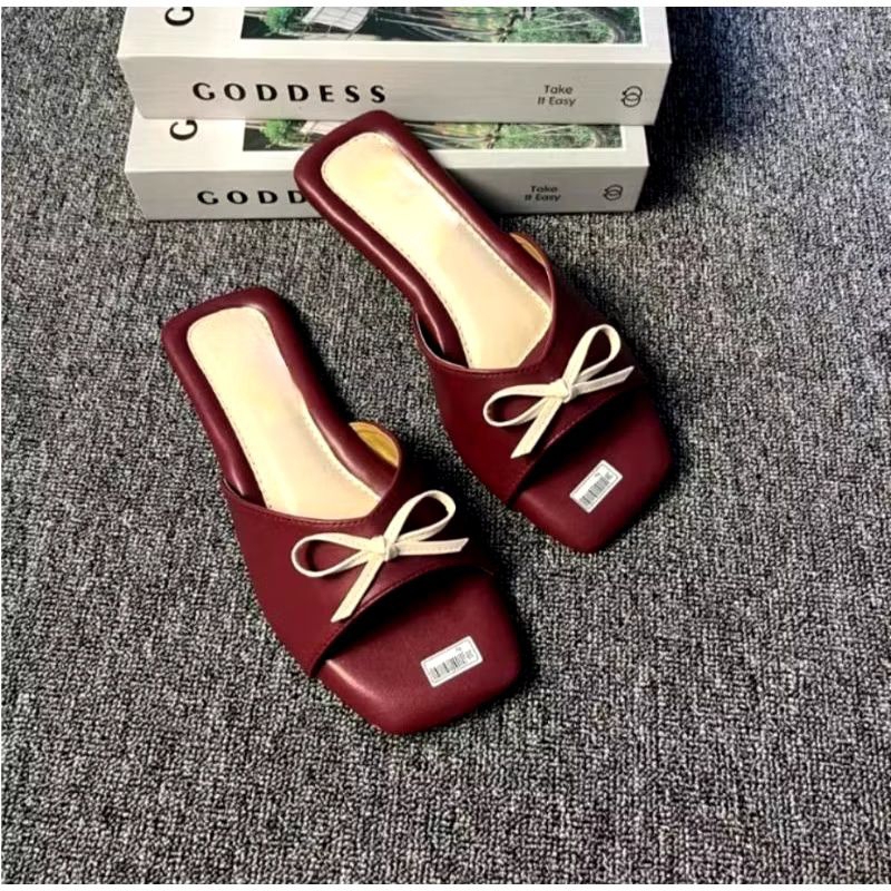 Cuci Gudang  Sandal Teplek Wanita Coquette Slop Tali Pita Kombinasi Casual Kekinian Terbaru