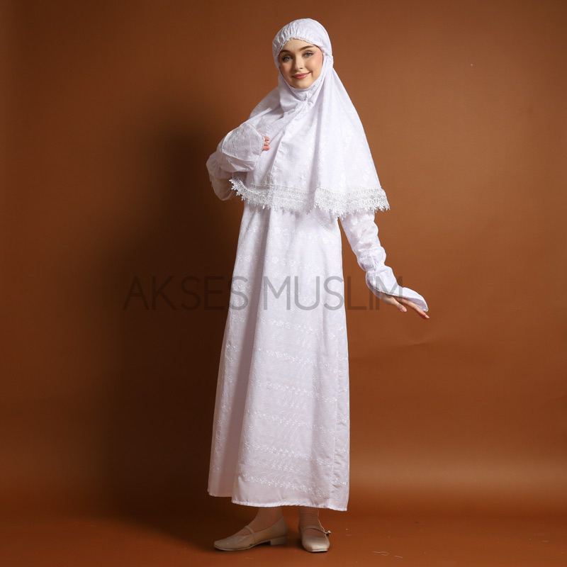 Gamis Ihrom Set Gamis Putih Wanita Gamis Kumplit Katun Bordir Perlengkapan Haji dan Umrah Wanita
