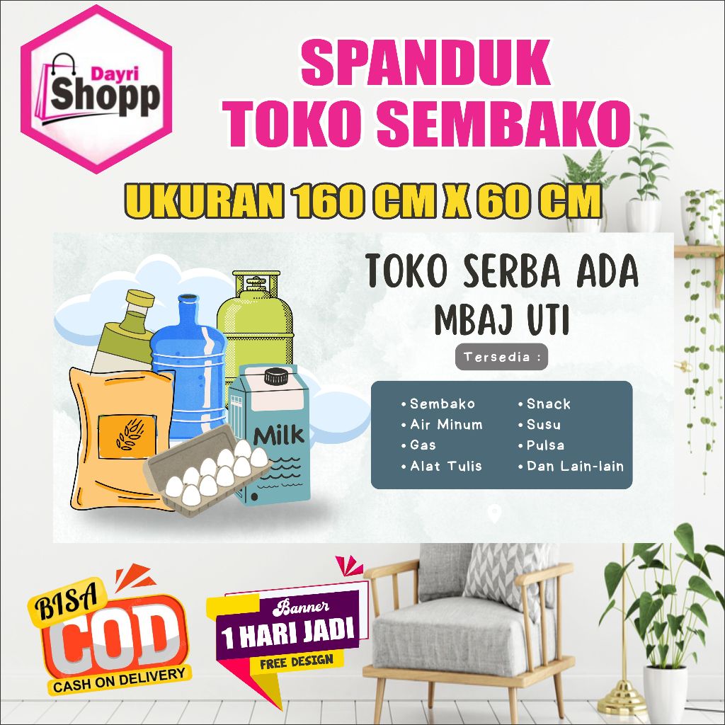 Spanduk Biru Muda dan Hijau Ilustratif Estetik Toko Sembako Murah Berkualitas