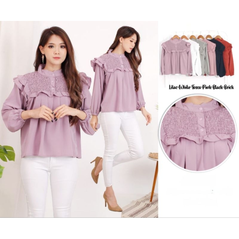 Atasan Blouse Wanita Polos Tangan Karet Bahan Crinkle