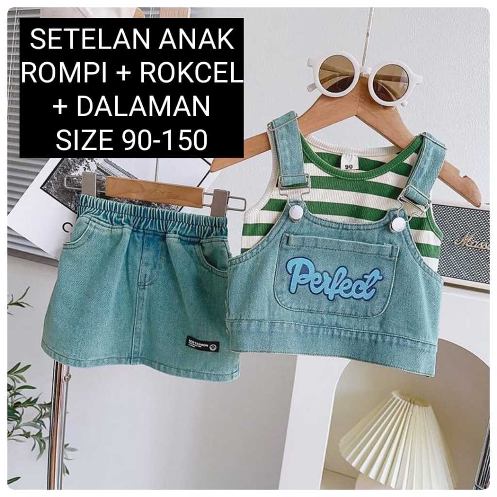 (LOLI-JKT) BS 790 SETELAN ANAK 3N1 ROMPI CELANA ROK JEANS DALAMAN GARIS HIJAU SIZE 90-150