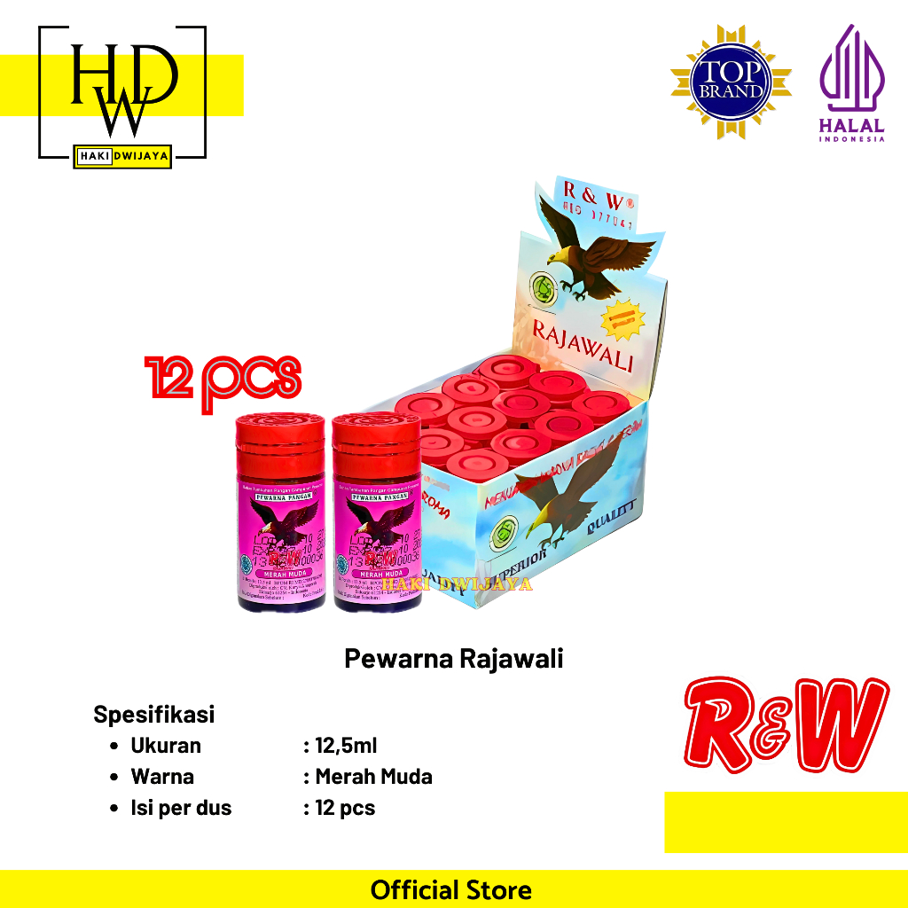 

Rajawali Pewarna Makanan Minuman Kue R&W Botol 12,5ml x 12pcs Warna Merah Muda