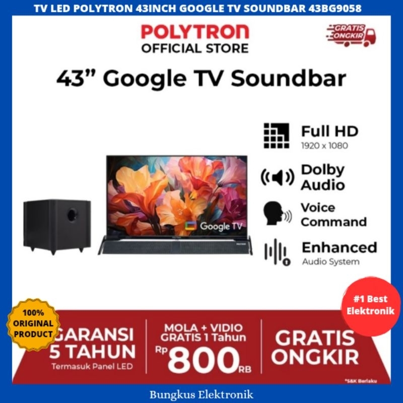 TV LED POLYTRON 43INCH ANDROID GOOGLE TV SOUNDBAR SPEAKER 43BG9058 FULL HD