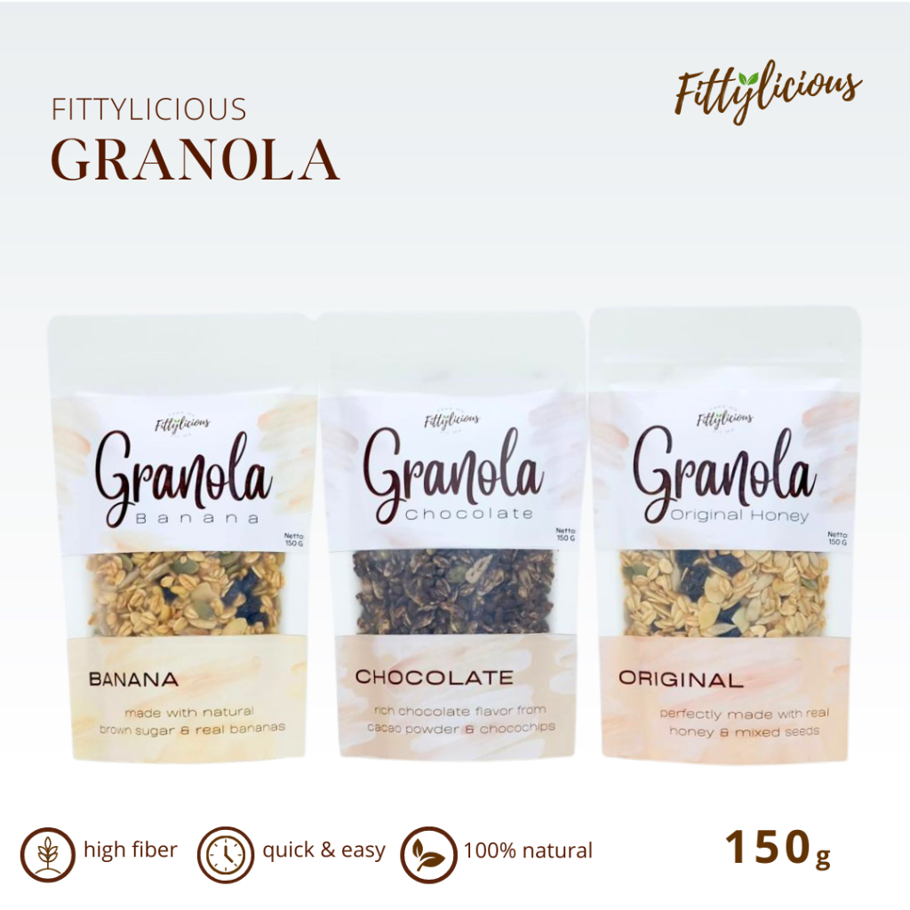 

Fittylicious Granola 150gr / Sereal Oats / Cereal / Original Honey / Banana / Chocolate