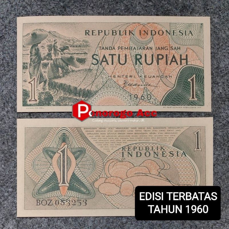 (Gress/Baru) Uang kertas kuno 1 rupiah sandang pangan tahun 1960 gambar petani jagung ubi