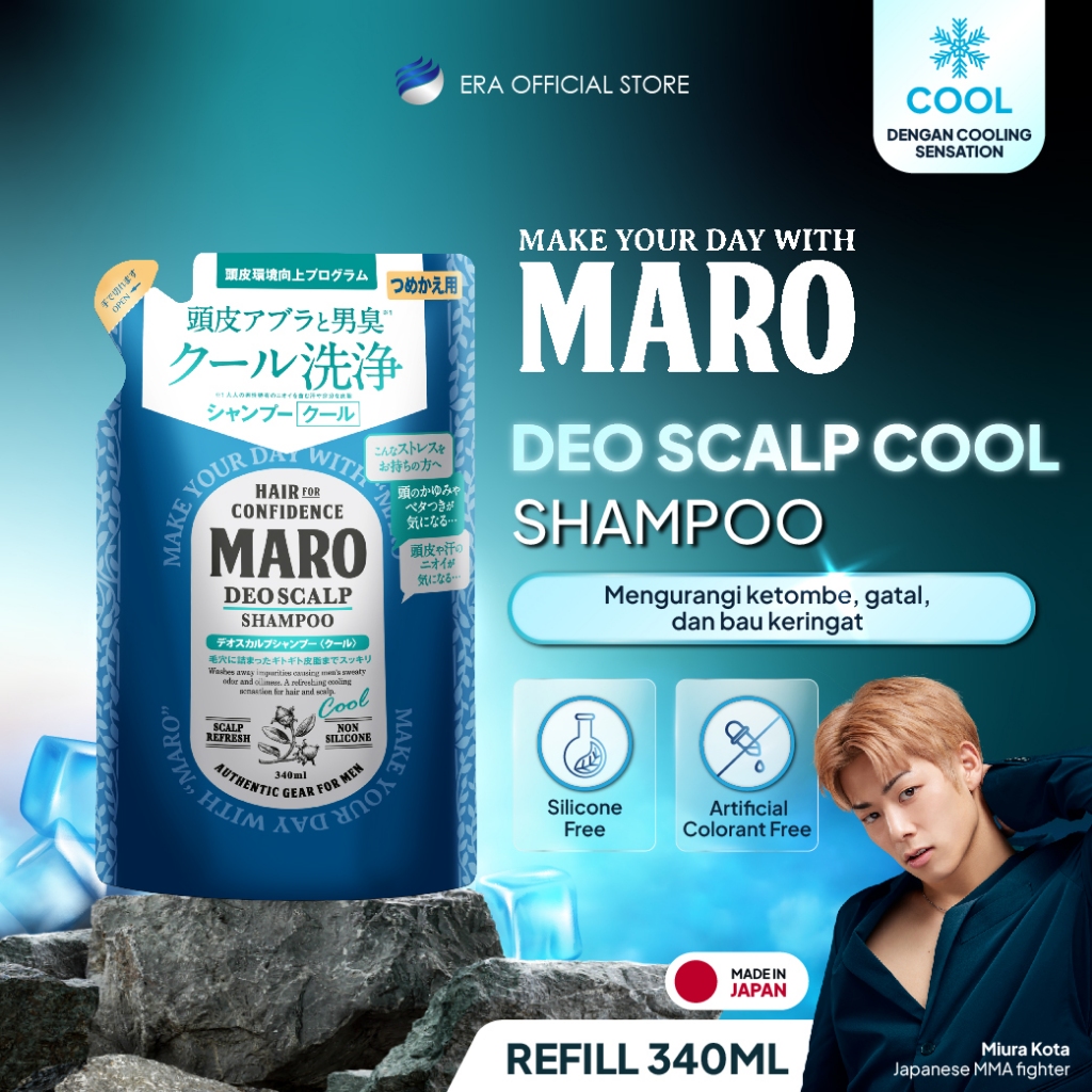 MARO Deo Scalp Shampoo Cool REFILL 340ml - Shampoo Pria Sensasi Cooling Untuk Rambut Ketombe, Gatal,