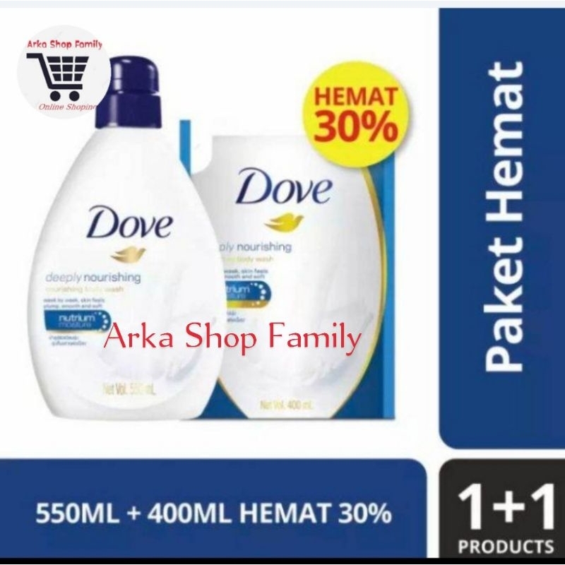 DOVE Deeply Nourishing Body Wash Pump 550ml + Refill 400ml - Paket Hemat Sabun Mandi Cair Botol