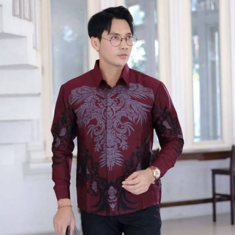 Baju batik pria/Kemeja batik/Hem batik klabang merah