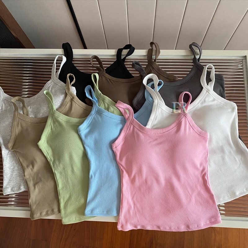 LNR Shop Tanktop Kamisol Bahan Cotton Knit dengan Cup Pad Busa Model Tali Atasan Wanita Tanpa Lengan