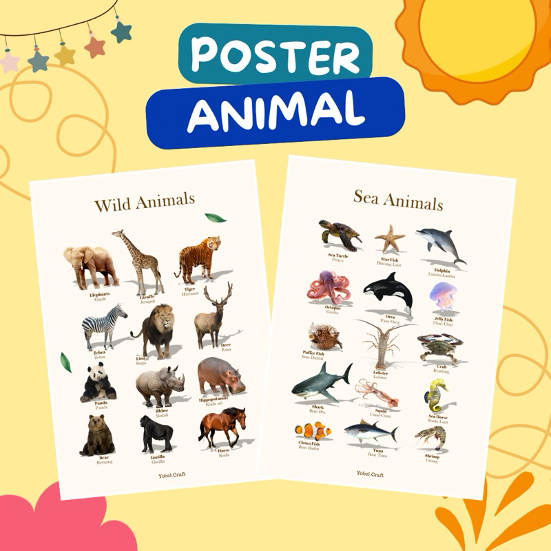 Poster Edukasi Binatang - Poster Binatang - Poster Belajar Anak Ukuran A3+ a