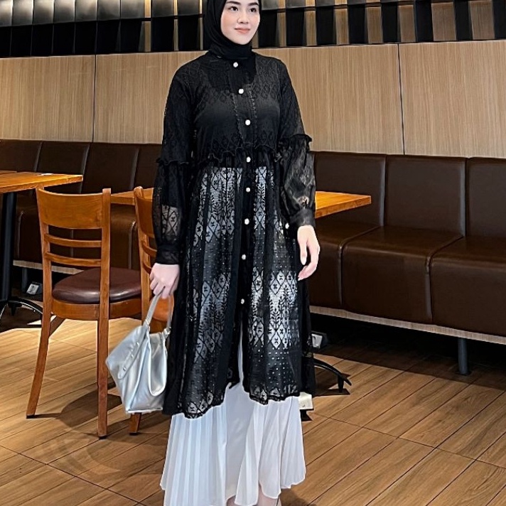 Cod Black Outer Brukat Cardigan Brokat Lengan Panjang atasan outher brukat Outer Brokat outer Tulle 
