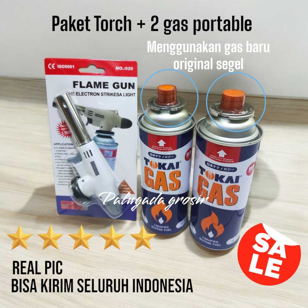 paket gas torch dan 2 gas portable / gas set portable praktis / pemantik api flame gun set