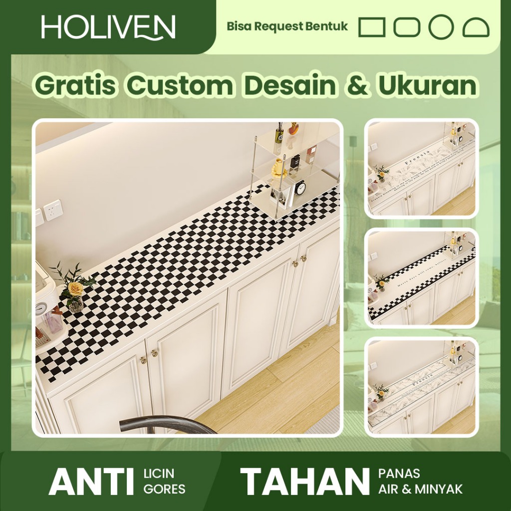 Holiven Taplak Meja Minimalis Kotak Hitam Putih - Taplak Meja Tamu Anti Air & Anti Slip