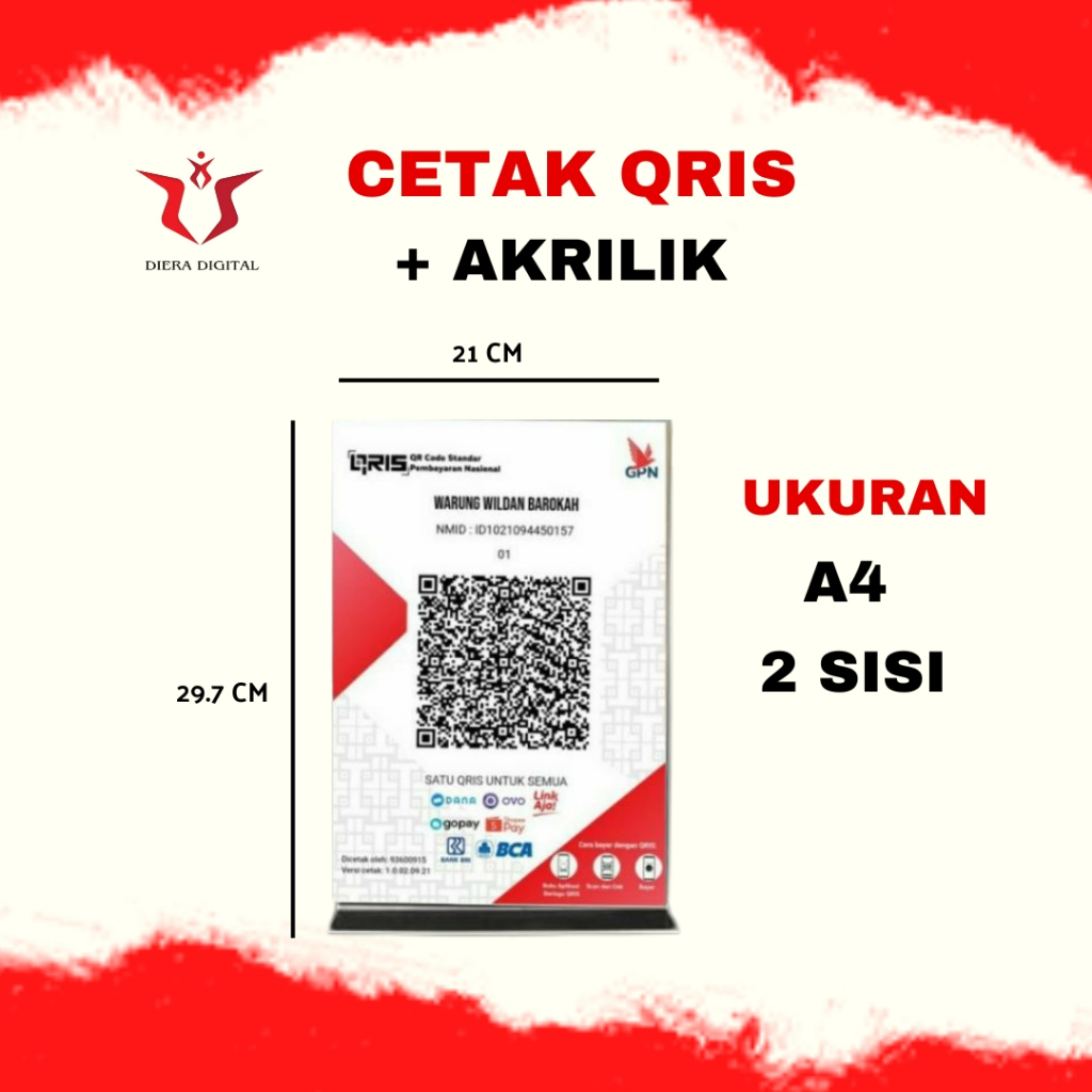 CETAK QRIS | QRIS BAYAR + Akrilik A4 | 2 sisi + Laminating (Diera Digital ) Bisa Request selain untu