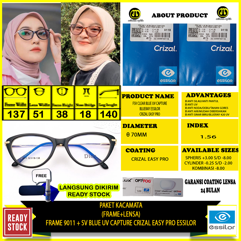 PAKET KACAMATA FRAME 9011+ESSILOR BLUE UV CAPTURE CRIZAL EASY PRO