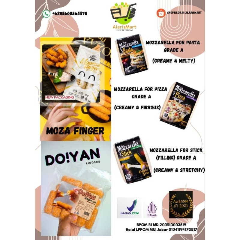 

Keju Mozzarella Grade A varian u/ Pasta, Stick, Pizza - BPOM- Halal MUI