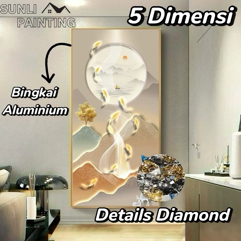 SUNLIPAINTING Lukisan Porcelain 5D - Motif Koi Rusa Bunga - Lukisan Koi Rusa Bunga - Dekorasi Rumah