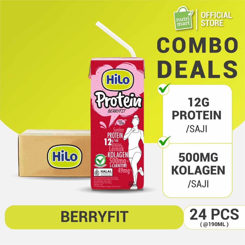 1 Karton - HiLo Protein Berryfit UHT 190 ml (24 pcs RTD ) – Susu Tinggi Protein dengan Collagen Rasa