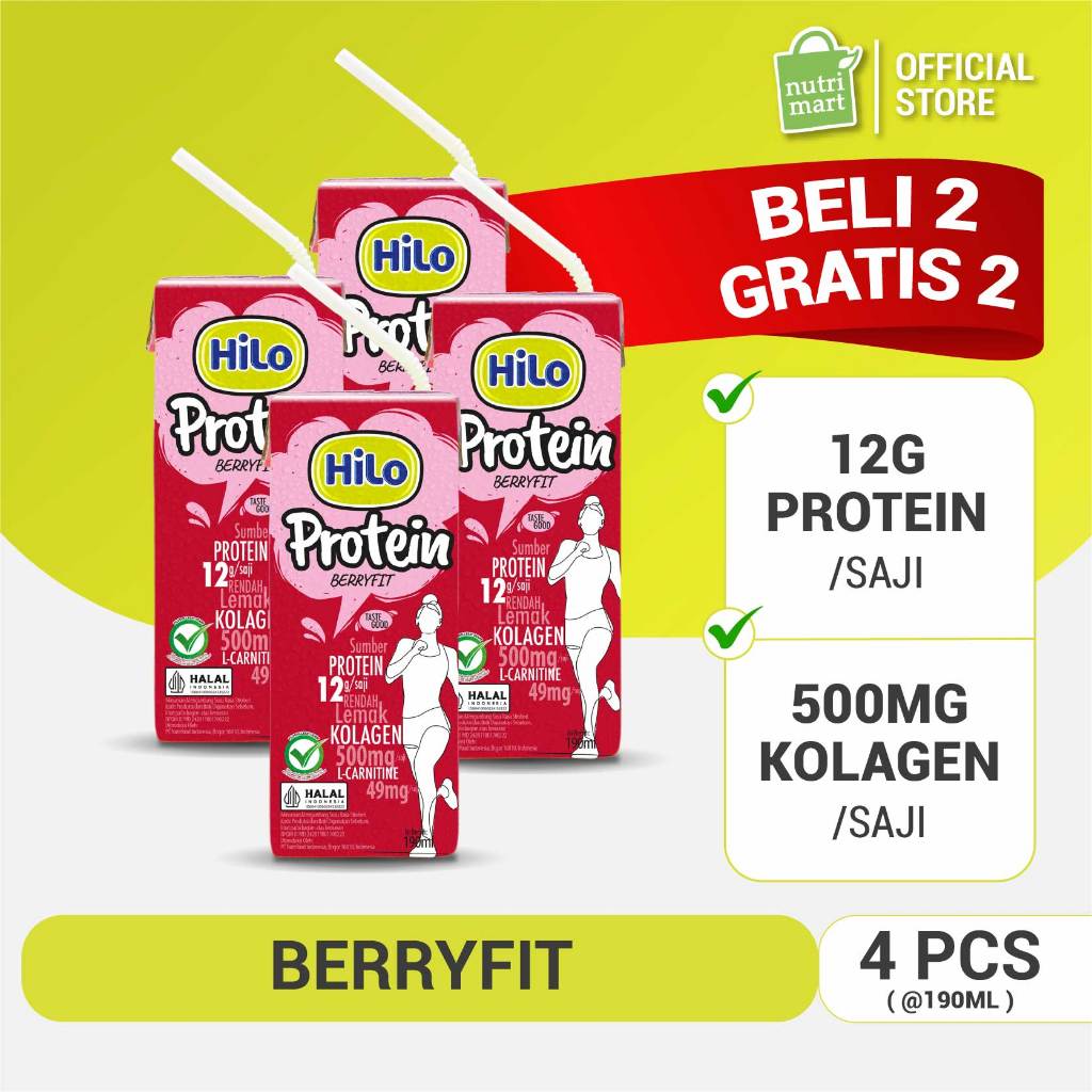 

4 Packs - HiLo Protein Berryfit UHT 190 ml (4 pcs RTD ) – Susu Tinggi Protein dengan Collagen Rasa Stroberi Susu Kolagen 12 Gram Protein Carnitine