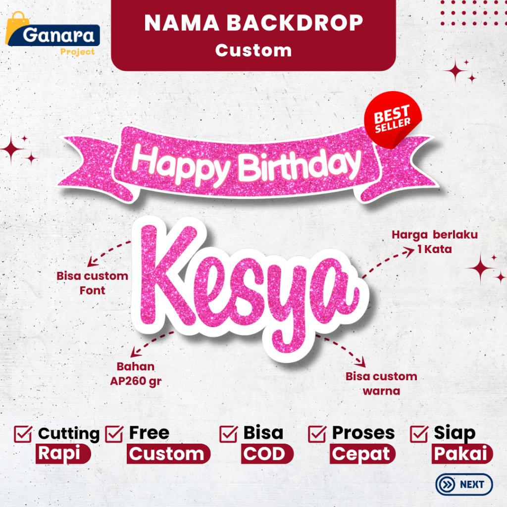 D105 Tulisan Nama Backdrop Dekorasi Ulang Tahun Lamaran Wedding Tasyakuran Aqiqah Tedak Siten Happy 