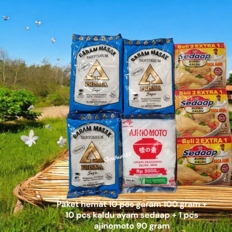 

PAKET 14 RIBUAN 10 PCS GARAM 100 GRAM + 10 PCS SEDAAP KALDU + 1 PCS AJINOMOTO MICIN 90 GRAM