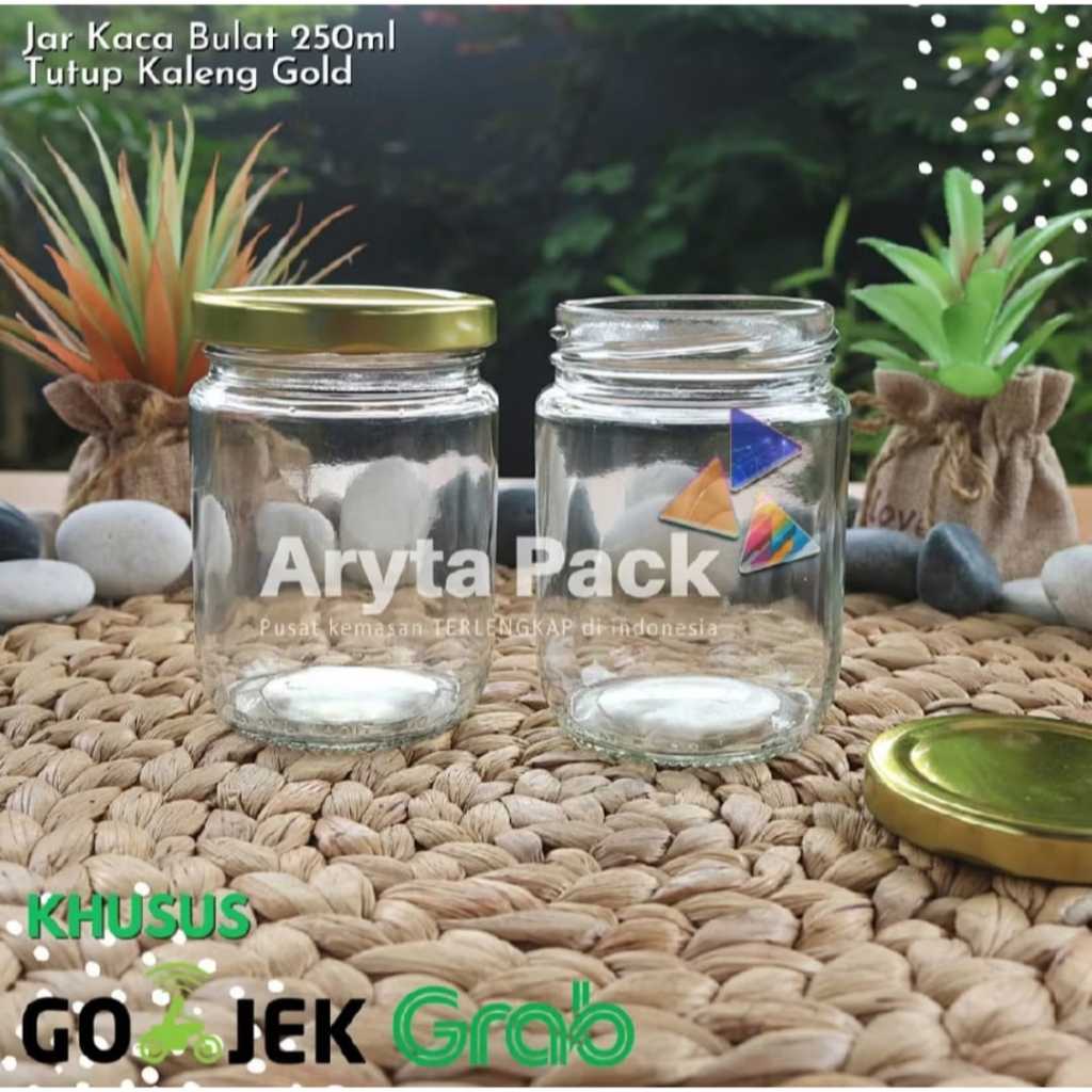 Jar kaca 250ml round bulat OI glass jar toples tutup kaleng emas - new - GROSIR