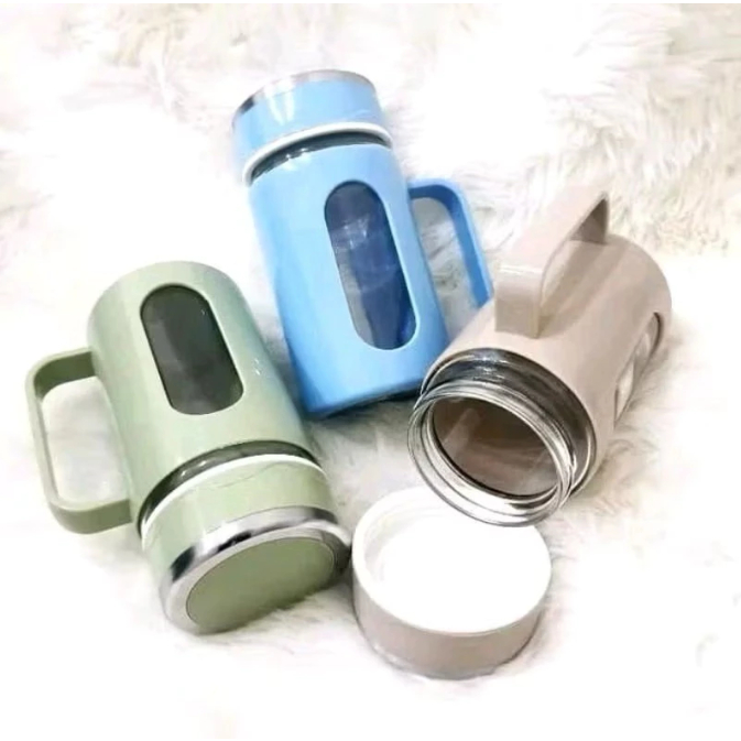 FLKS Gelas Kaca Botol Minum 500 Ml Kaca Mug Kaca Plus Tutup Cangkir Gelas Ganteng Cantik