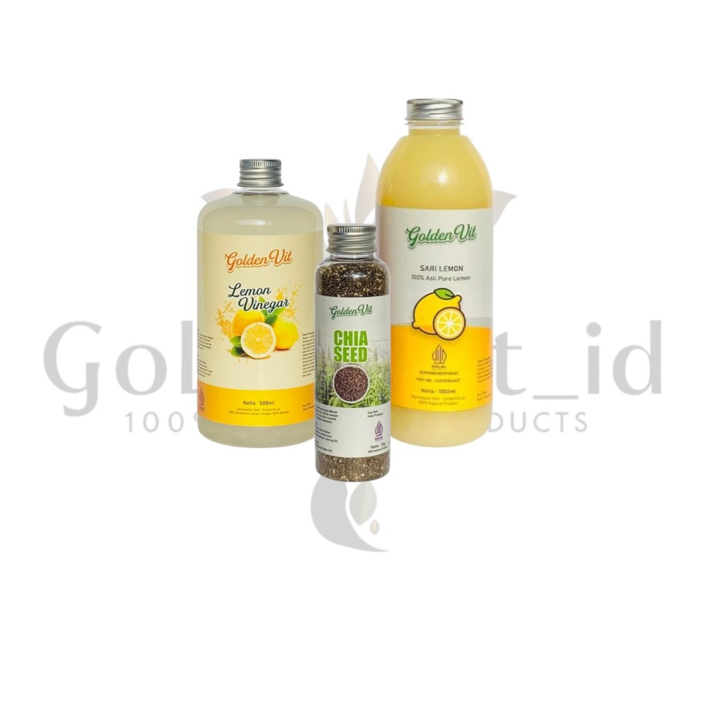 

Goldenvit Paket Hemat 3in1 + Free Gelas Takar Sari Lemon 1000ml , cuka lemon 500ml , Chiaseed 70g