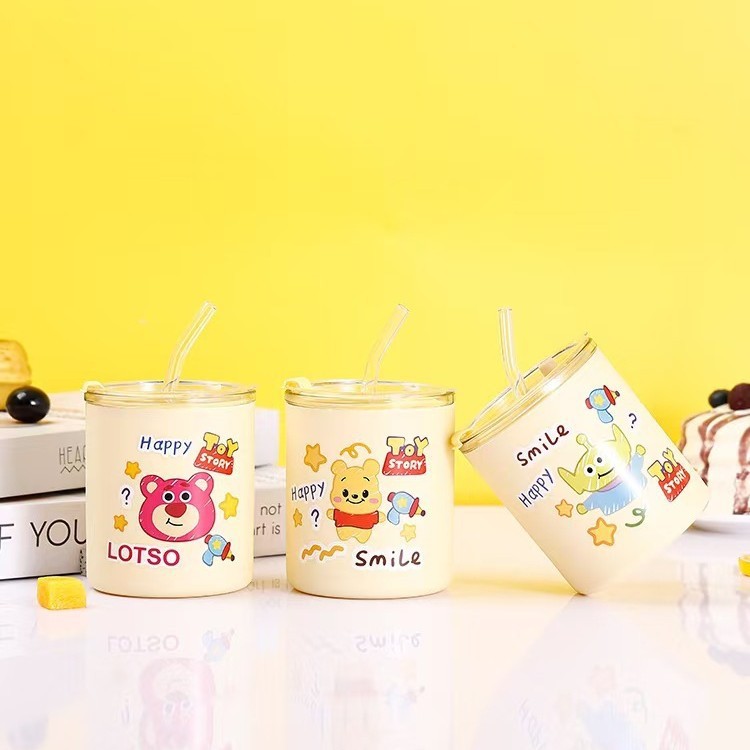 Gelas kaca lucu TOY STORE terbaru mug kaca free box dan sedotan botol kaca viral karakter unik
