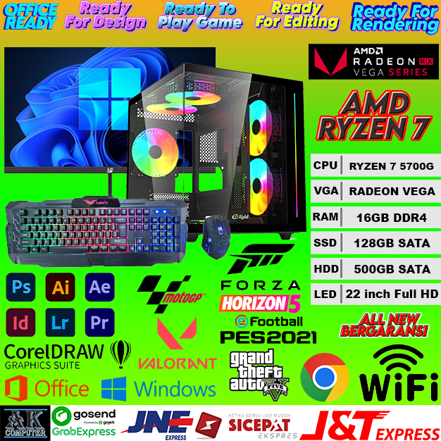 PC GAMING Full Set AMD RYZEN 7 5700G + VGA RADEON VEGA + RAM 16GB + SSD 128GB + HDD 500GB + MONITOR 