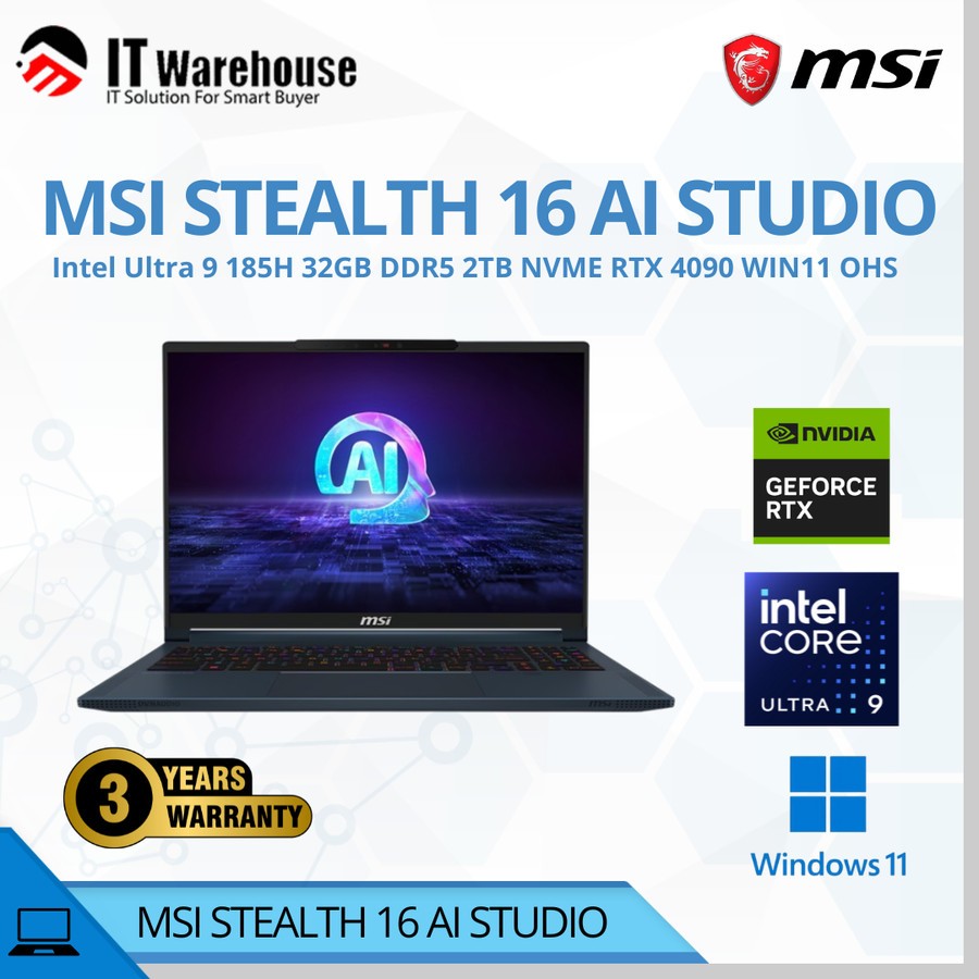 LAPTOP MSI STEALTH 16 AI STUDIO 9S7-15F312-223 A1V Intel Ultra 9 185H 32GB DDR5/2TB NVME/RTX 4090/WI